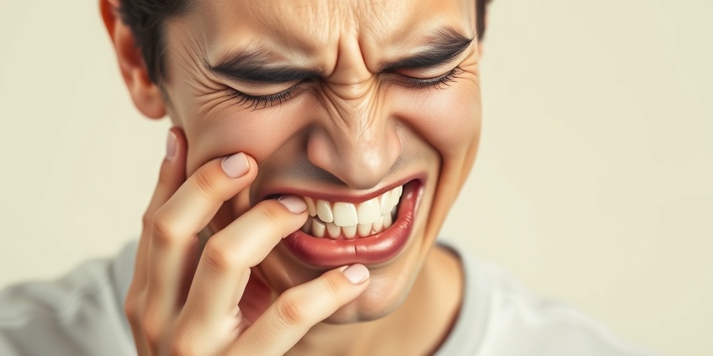 A person grimacing in discomfort, holding their cheek, with a calming creamy white backdrop.2.png