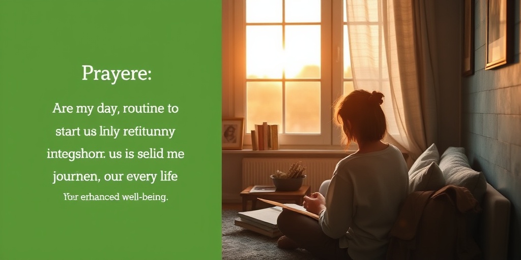 A person reflects at sunrise, with warm light and personal items, promoting prayer as part of a daily routine. 5.png