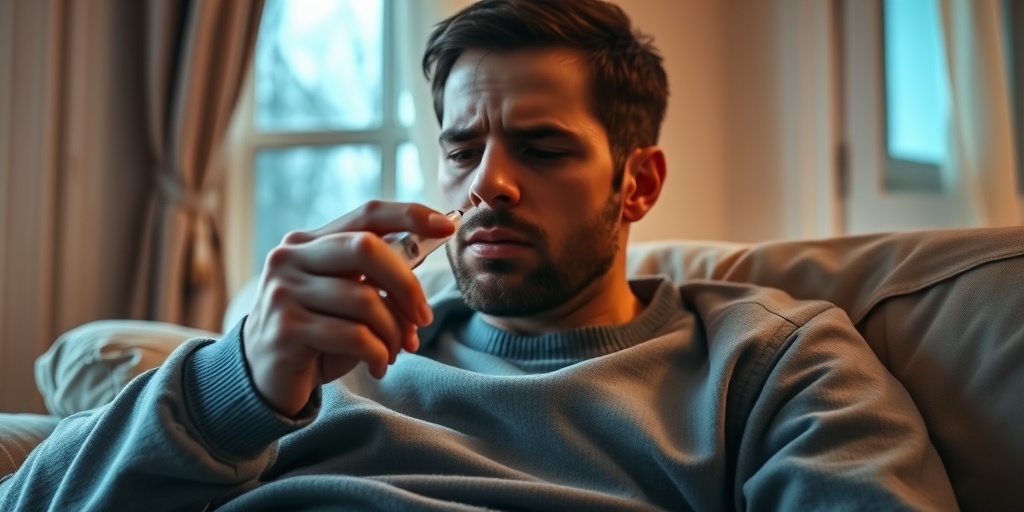 A person with COVID-19 symptoms sits at home, thermometer in hand, reflecting concern in a cozy, warm environment.2.png