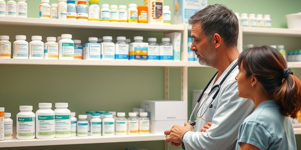 A pharmacy shelf displays AAT treatment options, with a healthcare professional guiding a patient in a reassuring green environment. 4.png