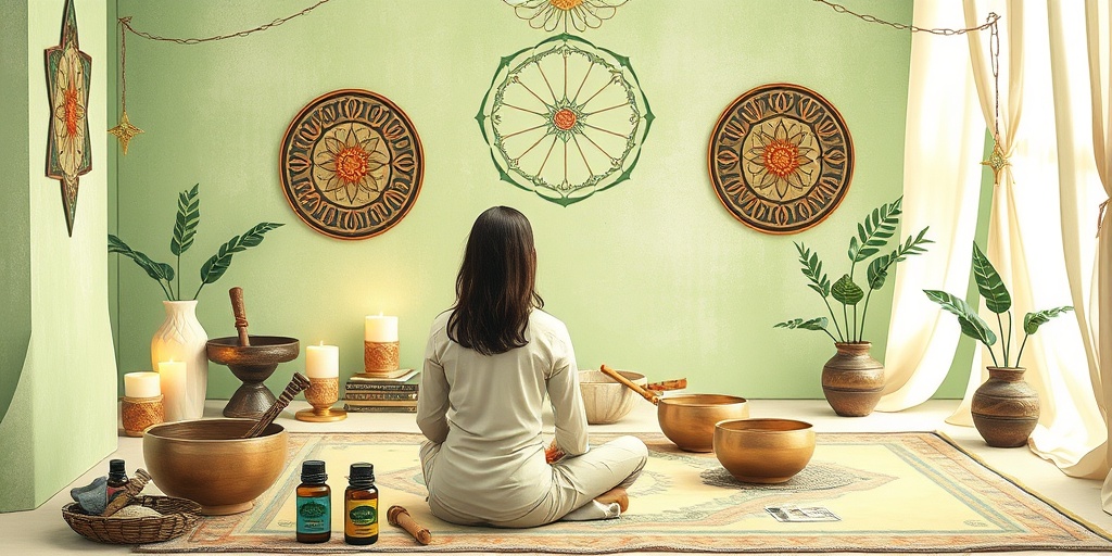 A practitioner guides a client through meditation, with tools like singing bowls and tarot cards in a calming space. 3.png