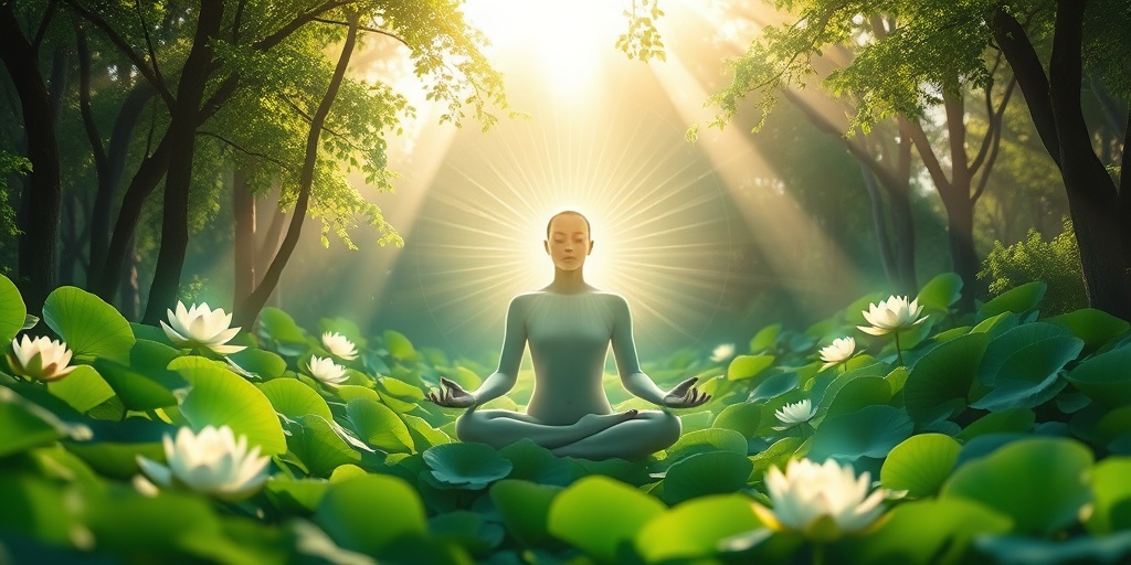 A radiant figure meditates in a lush landscape, surrounded by symbols of peace and balance, symbolizing emotional well-being. 2.png