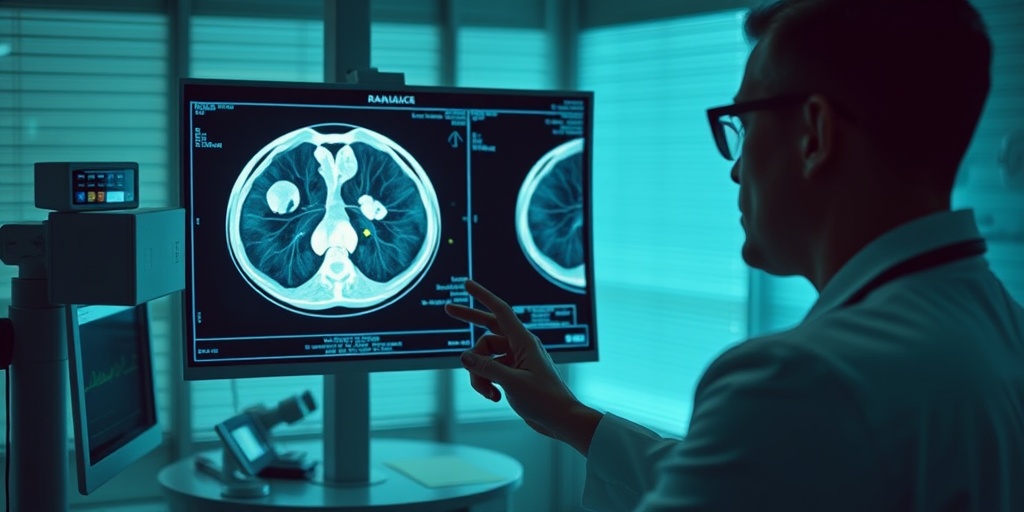 A radiologist analyzing a CT scan for malignant mesothelioma, highlighting tumors with annotations in a modern medical office.  3.png