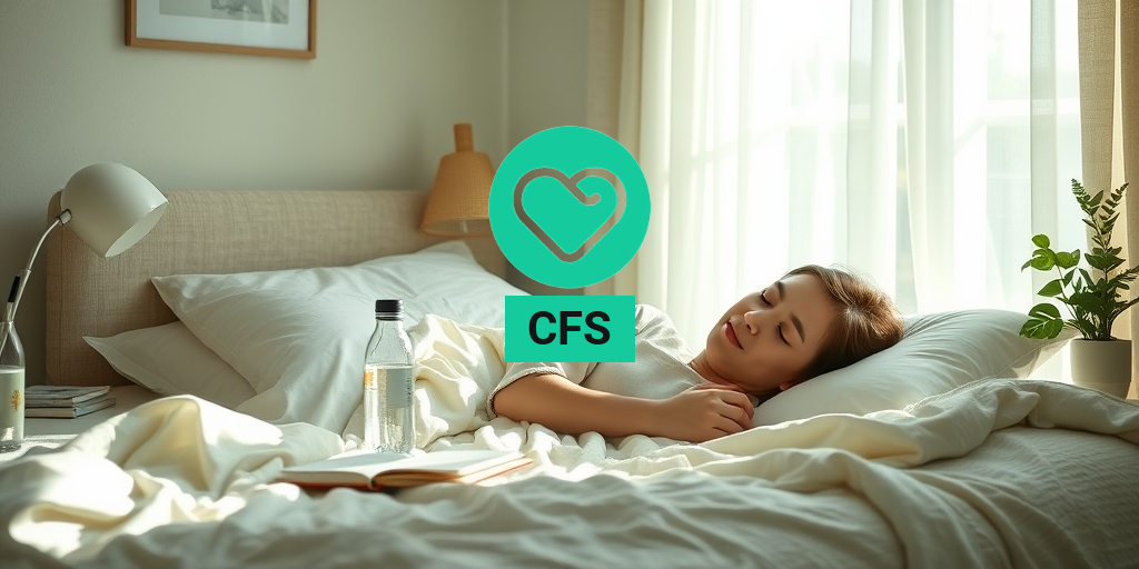 A serene bedroom bathed in natural light, featuring a person resting peacefully amidst supportive items for Chronic Fatigue Syndrome. • Yesil Health AI