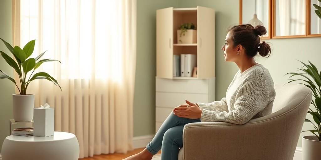 A serene therapist's office scene shows a young person expressing feelings, highlighting the importance of seeking help and support.  4.png