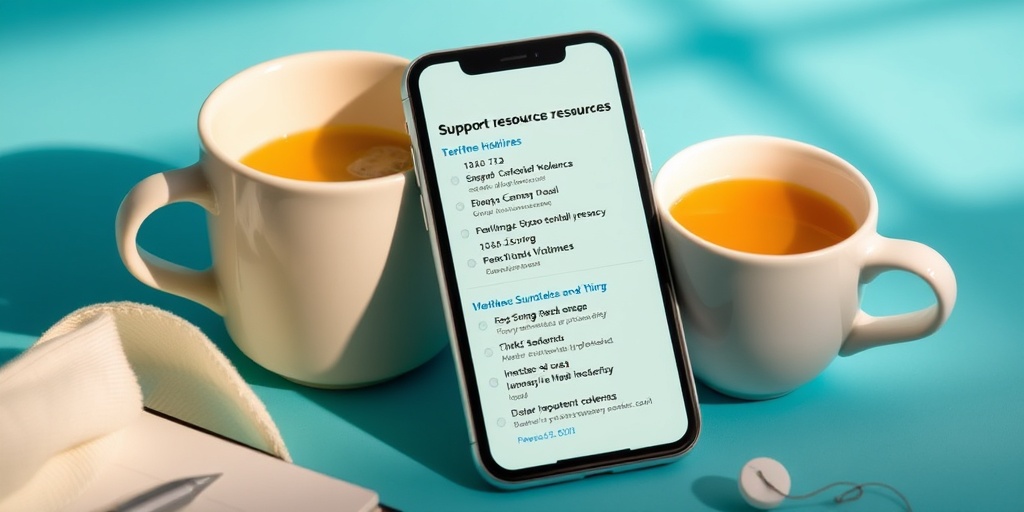 A smartphone displays vital support resources, surrounded by comforting items, emphasizing safety and self-care for victims.  5.png