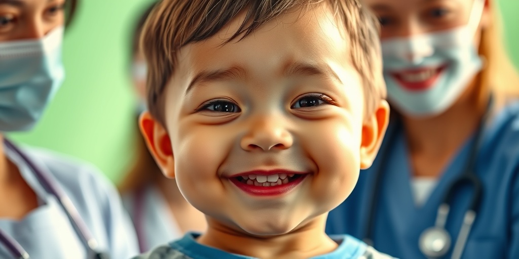 A smiling child with arhinencephaly surrounded by attentive medical professionals, symbolizing hope and support.  2.png