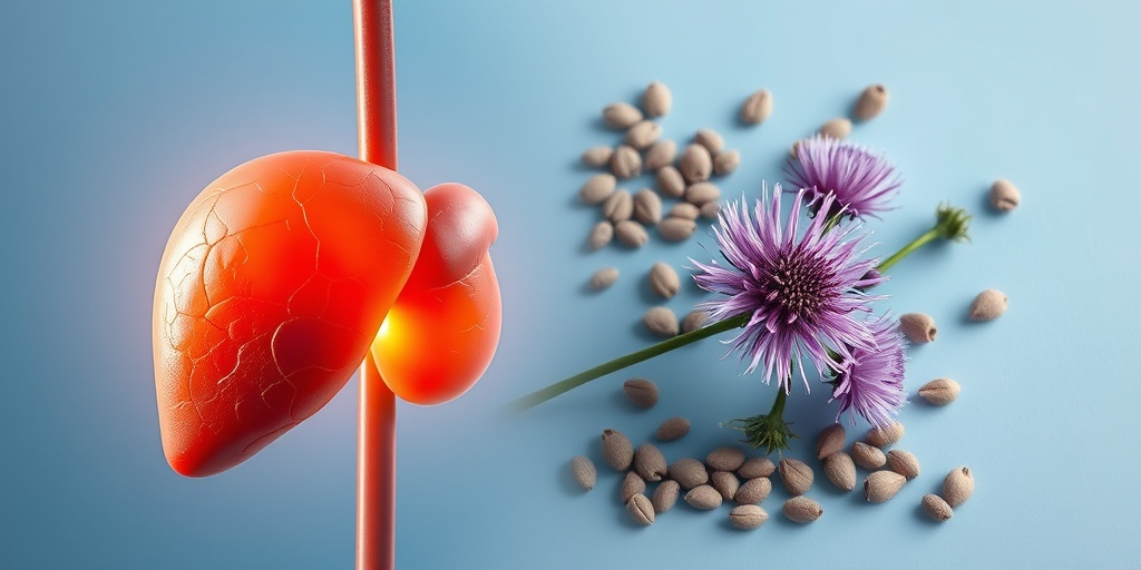 A split image showing a glowing healthy liver and artistic Milk Thistle arrangement, set against a calming blue backdrop.  2.png