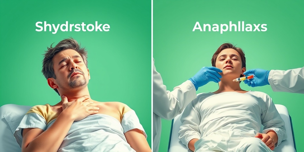A split scene illustrates severe dehydration and anaphylaxis, highlighting medical staff's urgent response to both patients.  3.png