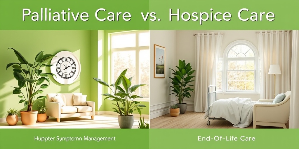A split-screen image contrasts vibrant palliative care with a peaceful hospice setting, showcasing different care philosophies respectfully. 4.png