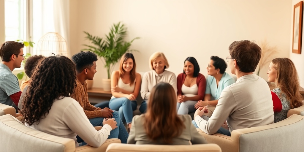 A support group meeting fosters connection, with diverse participants sharing experiences in a warm, inviting environment.  4.png