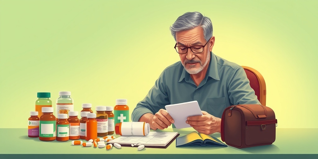 A traveler organizes medications and a first aid kit, emphasizing the importance of health management before a trip.  4.png