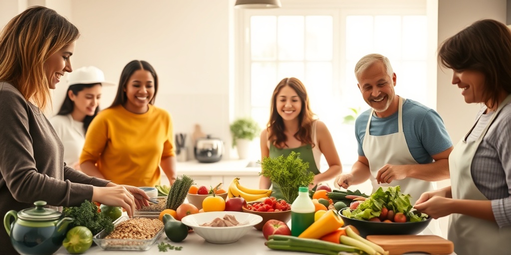 A vibrant kitchen scene with diverse individuals preparing a healthy meal, emphasizing the joy of nutritious eating and lifestyle.  5.png