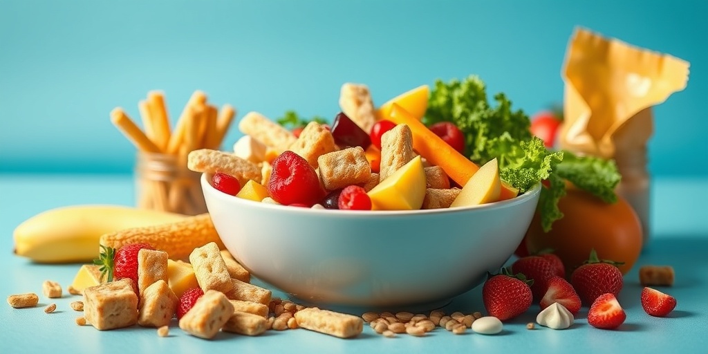 A vibrant plate of healthy foods contrasted with sugary snacks, set against a subtle blue background.5.png