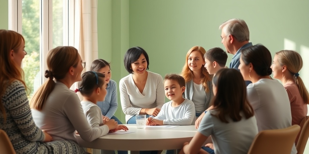 A vibrant support group meeting, where families share experiences and resources, fostering community and understanding among participants.  5.png
