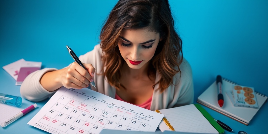 A woman marking her ovulation calendar with determination, surrounded by tools like a thermometer and test strips.  2.png