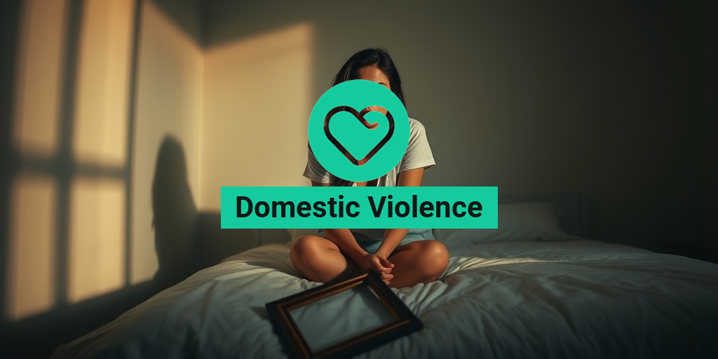 A woman sits on a bed, fear evident in her eyes, surrounded by shadows and broken memories. • Yesil Health AI