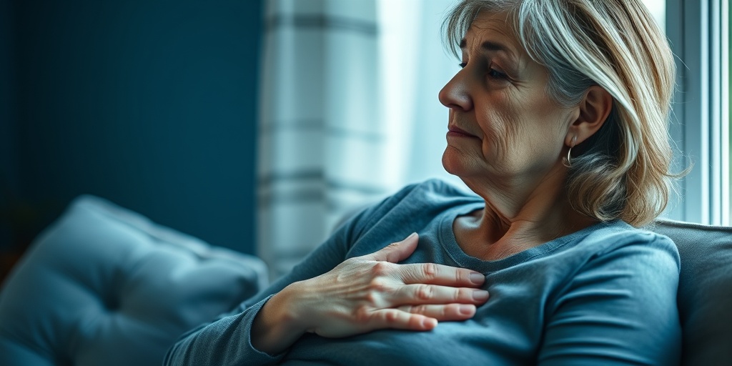 A woman sits on a couch, reflecting on her COPD symptoms, with a soft blue background enhancing her resilience.  2.png