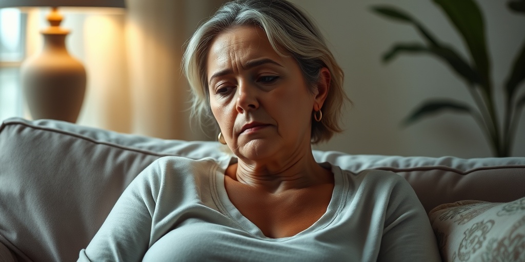 A woman sits thoughtfully on a couch, reflecting on ovarian cancer symptoms, surrounded by calming creamy whites and greens.2.png