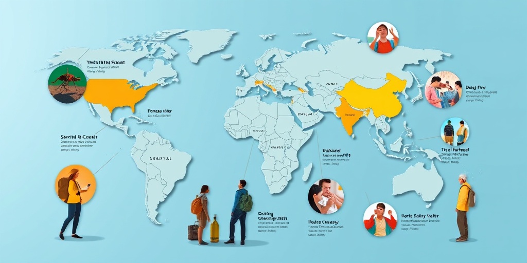 A world map highlights travel health risks, with travelers using precautions like insect repellent and bottled water.  2.png