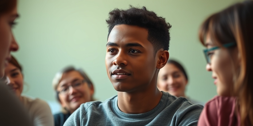 A young adult participates in group therapy, surrounded by supportive peers, embodying resilience and hope in a warm atmosphere.5.png