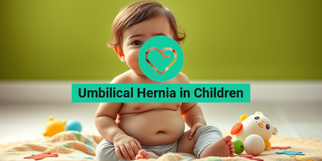 A young child with an umbilical hernia smiles while sitting on a colorful play mat surrounded by toys. • Yesil Health AI