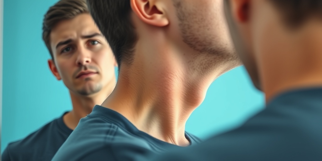 A young man examines his neck in a mirror, visibly worried about goiter symptoms. 2.png