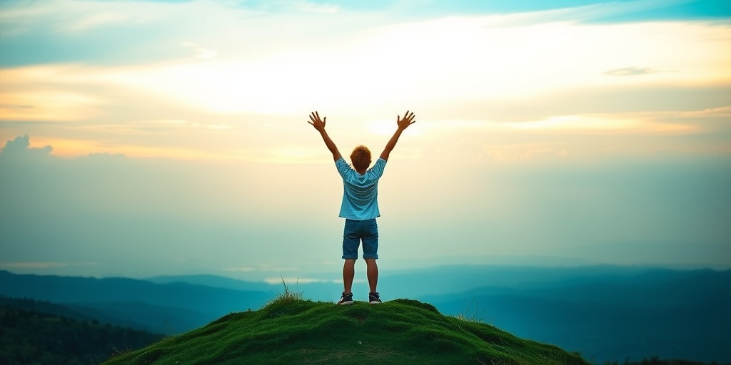 A young person triumphantly stands on a hilltop, arms raised, symbolizing strength and hope against a beautiful sky backdrop.  5.png