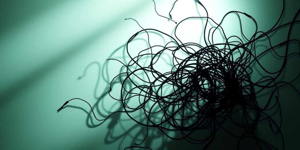 Abstract representation of domestic violence causes, with intertwined elements symbolizing societal pressures and mental health issues.  3.png