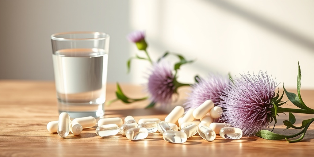 Aesthetic arrangement of Milk Thistle supplements on a wooden table, with a glass of water and soft natural lighting.  5.png