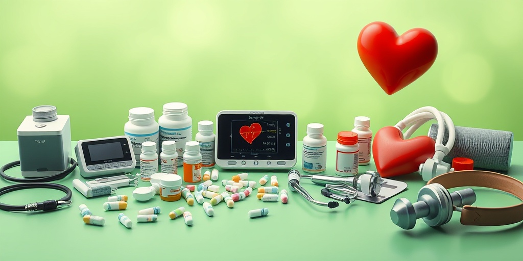 An array of medications and medical devices on a table, showcasing treatment options for Familial Congestive Cardiomyopathy.  4.png