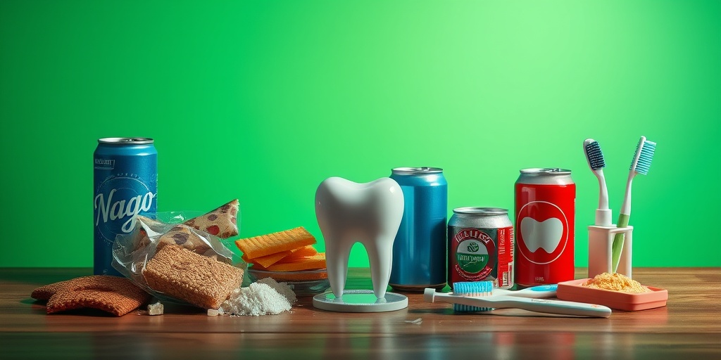 An artistic arrangement of sugary snacks and dental products on a wooden table, emphasizing dental care.3.png
