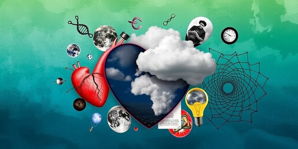 An artistic collage illustrates various mental health causes, featuring elements like a broken heart and stormy cloud, symbolizing stressors.  3.png