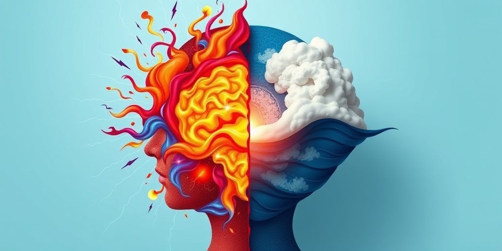 An artistic split image contrasting chaotic migraine pain with serene relief, using vibrant colors and calming elements.  2.png
