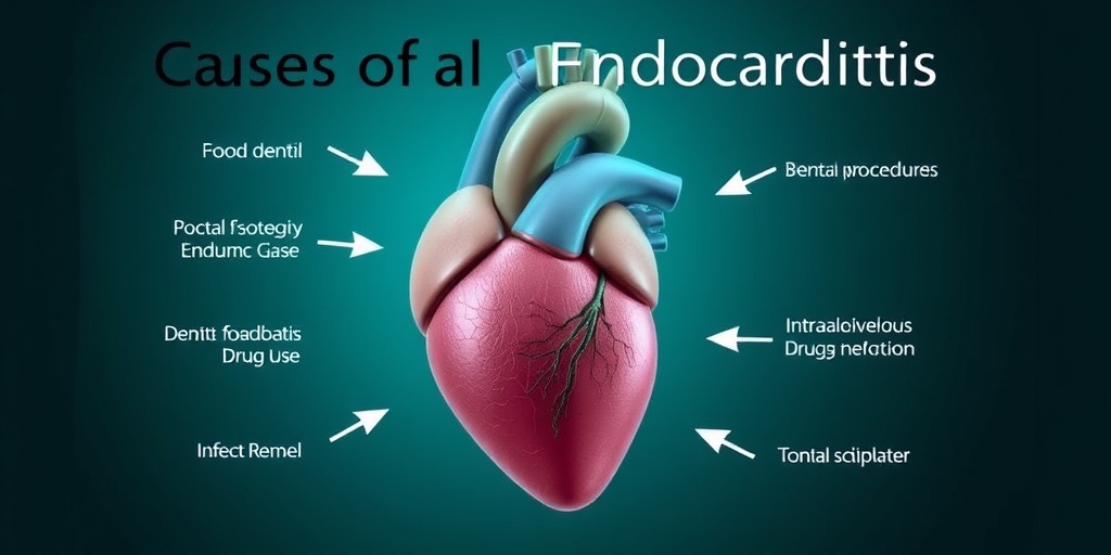 An educational illustration highlights endocarditis causes, featuring a detailed heart anatomy with arrows pointing to infection sources.  3.png
