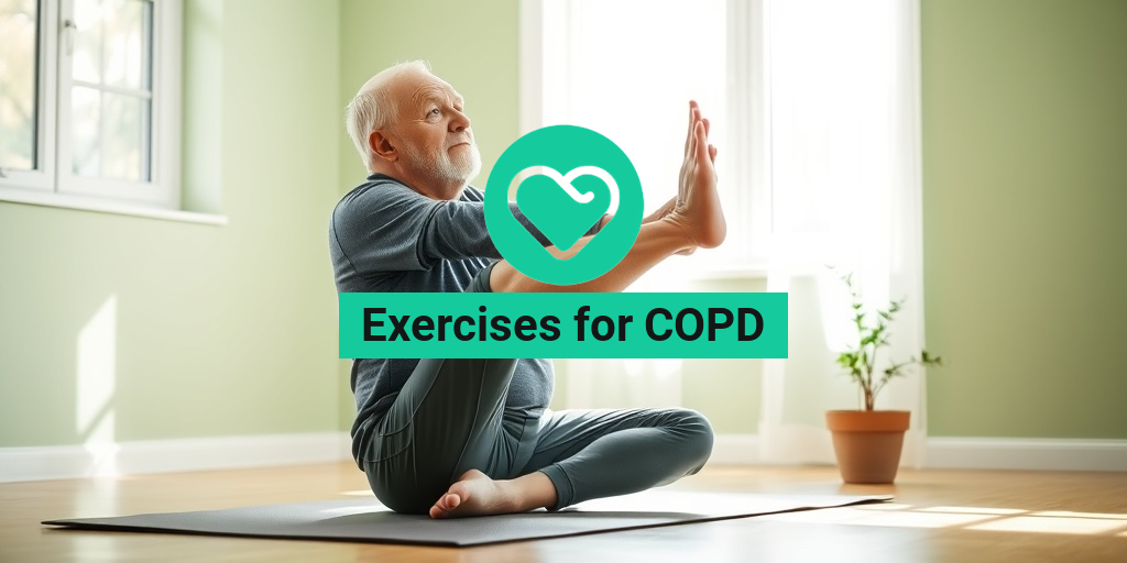 An elderly man with COPD performs seated leg lifts in a sunlit room, showcasing focus and gentle exercise. • Yesil Health AI