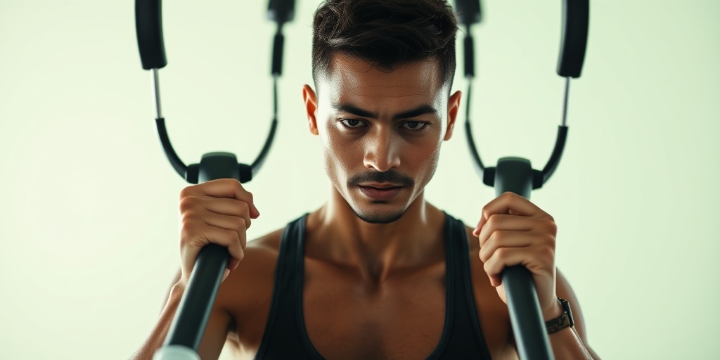 An individual mid-workout, focused and sweating, surrounded by fitness gear, symbolizing dedication and hard work.  2.png