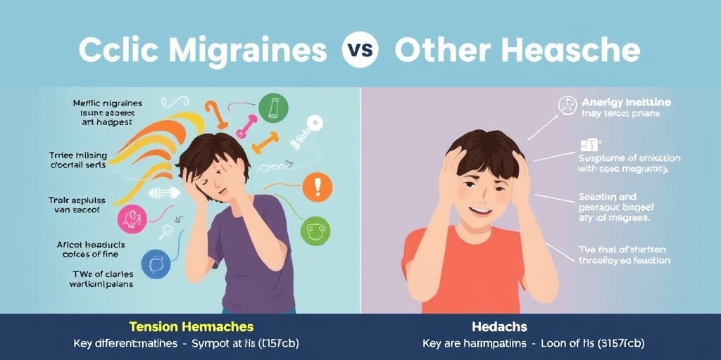 An infographic comparing cyclic migraines and tension headaches, illustrating symptoms and triggers with clear, engaging visuals.  5.png