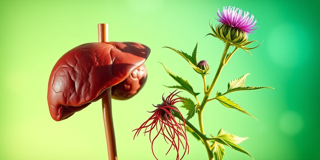 An intertwined composition of a healthy liver and Milk Thistle plant, symbolizing their connection in a balanced green and blue setting.  4.png
