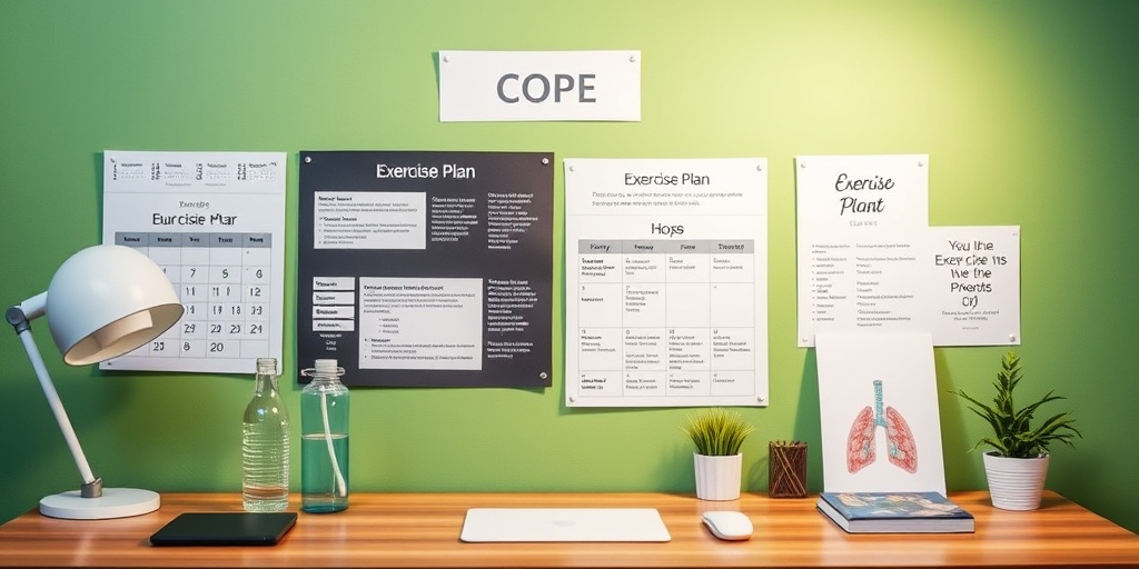 An organized desk displays an exercise plan for COPD patients, fostering hope and motivation in a calming green environment.  5.png