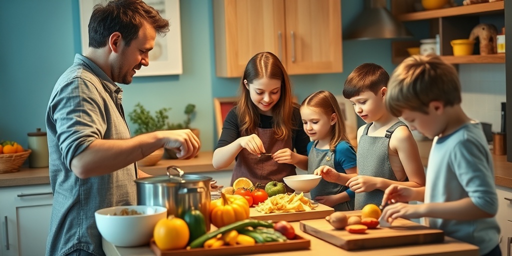 Children happily cooking with a parent in a cozy kitchen, emphasizing the joy of meal preparation and family bonding.  4.png
