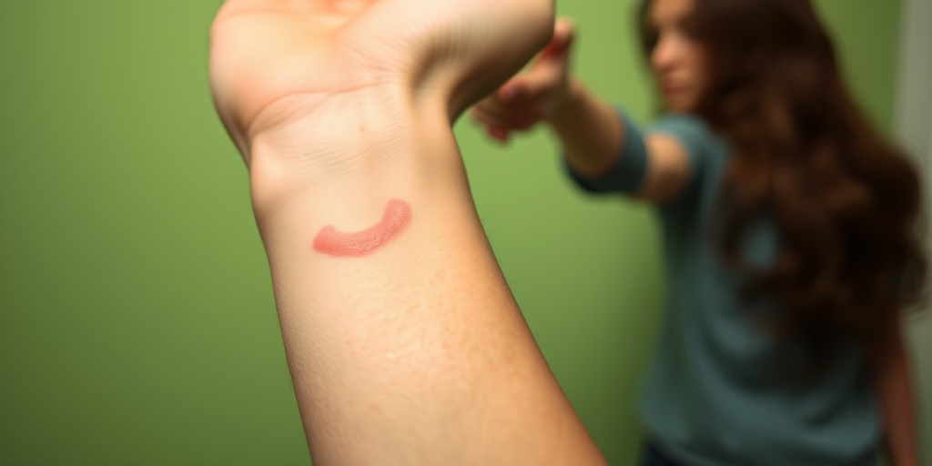 Close-up of a bruised wrist, highlighting pain and support, with a blurred friend reaching out in the background.  2.png
