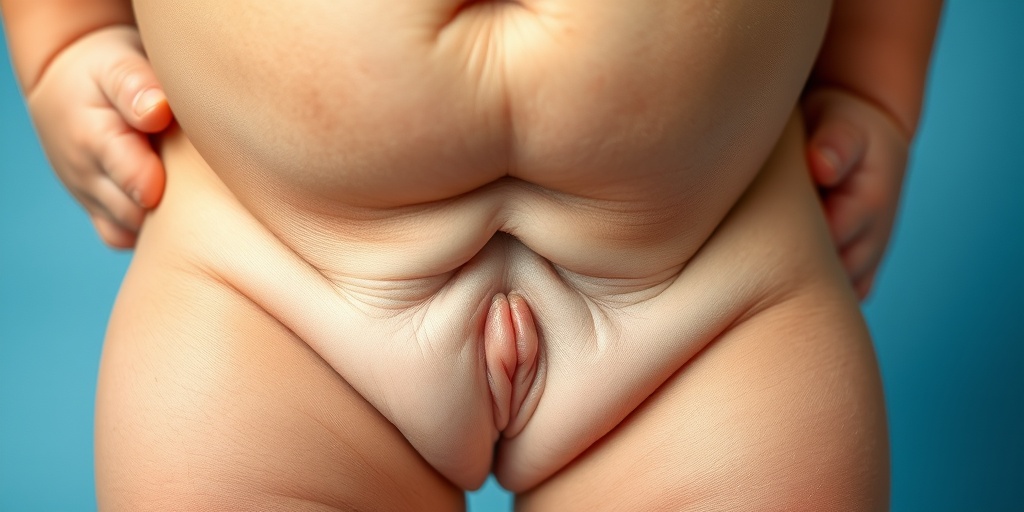 Close-up of a child's abdomen highlighting an umbilical hernia, with detailed skin texture against a soft blue background.  2.png