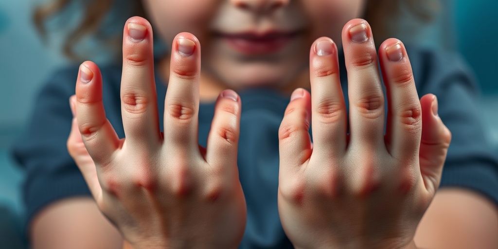 Close-up of a child's hands affected by MPS I, showcasing joint stiffness against a calming blue background.  2.png