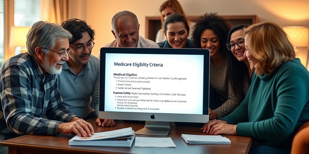 Close-up of a computer screen showing Medicare eligibility criteria, surrounded by focused individuals in a cozy living room.  2.png
