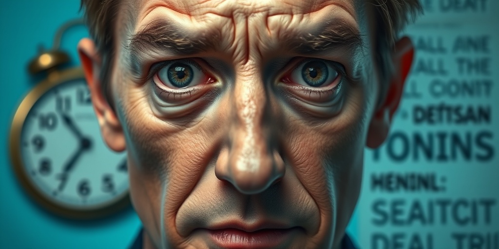 Close-up of a patient's face shows perplexity and fear, with a blurred clock symbolizing disconnection from reality.2.png