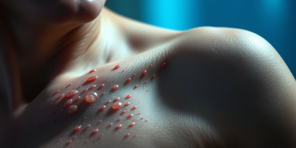 Close-up of a patient's skin showing hives and flushing, emphasizing discomfort and urgency in a softly blurred background.  2.png