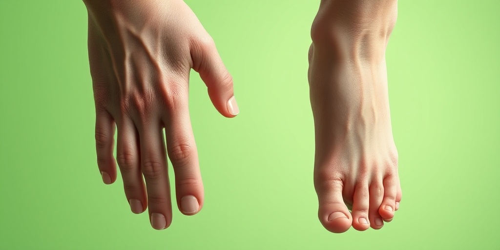 Close-up of hands and feet displaying KTW Syndrome symptoms, highlighting skin changes and joint deformities against a soft green background.2.png