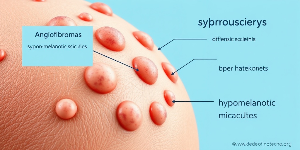 Close-up of skin lesions from Tuberous Sclerosis, highlighting angiofibromas against healthy skin in soft blue tones. 2.png