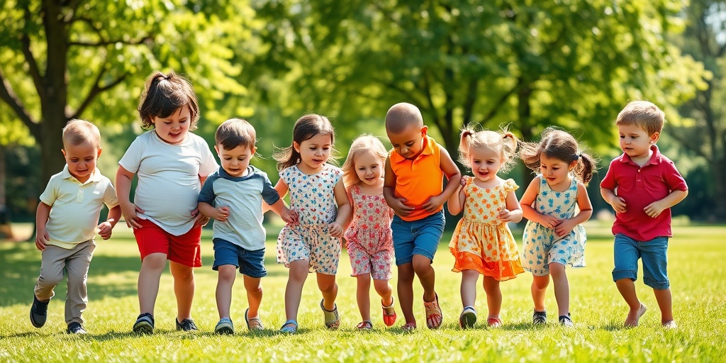 Diverse children play in a sunny park, some showing risk factors for umbilical hernias, promoting awareness and education.  3.png
